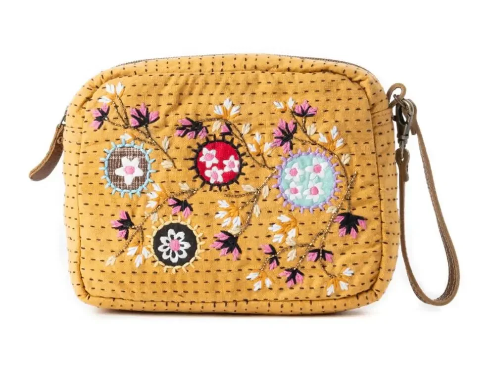 NWT Boutique Boho Daisy Pop Woven Embroidered Pouch in Marigold Yellow